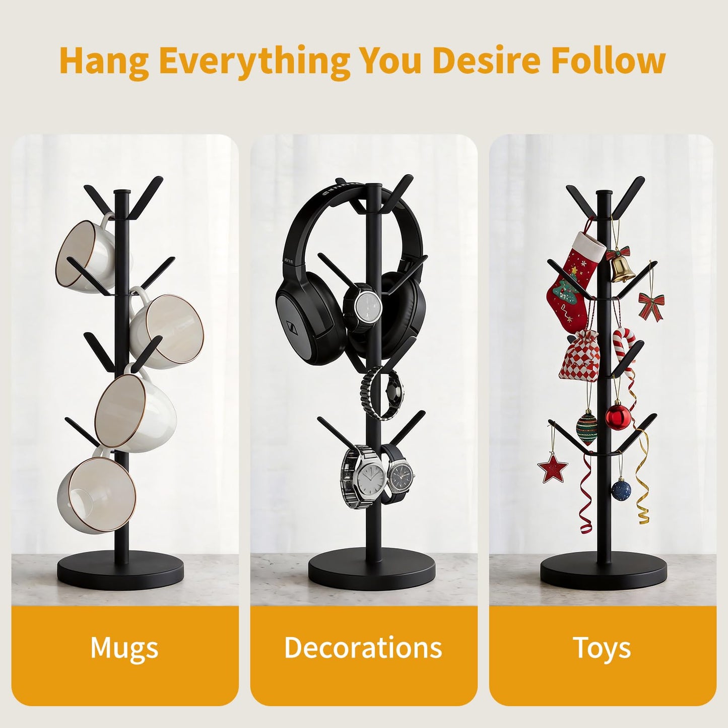 HUILAIXIAN Stainless Steel Mug Holder Tree, Updated Thick Coffee Cup Holder Base, Coffee Cups Stand Mug Holders with 8 Hooks for Countertop Cup Rack Organizer Stand (Black)