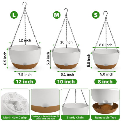 Dovesail 12/10/8 Inch Hanging Planter, Hanging Plastic Plant Self Watering Pot with Drainage Holes and Saucers, Hanging Baskets Flower Pots for Indoor Outdoor Garden Plants and Flowers,Set of 3-White