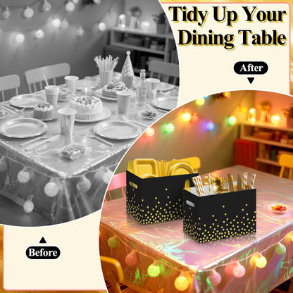 AKAIXI 2PCS Black and Gold Utensil Holder Paper Utensil Caddy for Retirement Party Supplies Cutlery Holder with Handles Black and Gold Party Favors Disposable Cutlery Caddy for Birthday Decorations