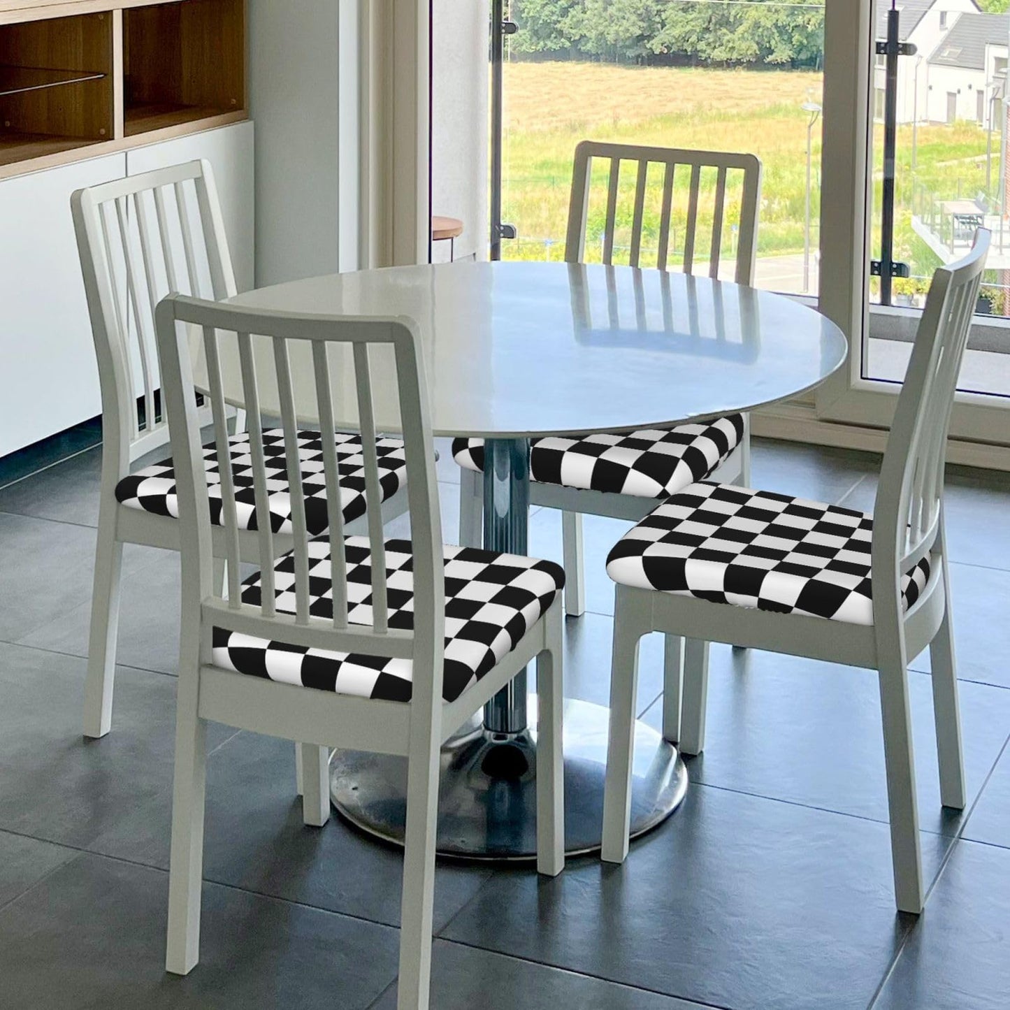 Yakelo Seat Covers for Dining Room Black and White Checkered Chair Seat Slipcovers Kitchen Chair Covers Removable Washable Stretch Dining Chair Covers 4 Pcs