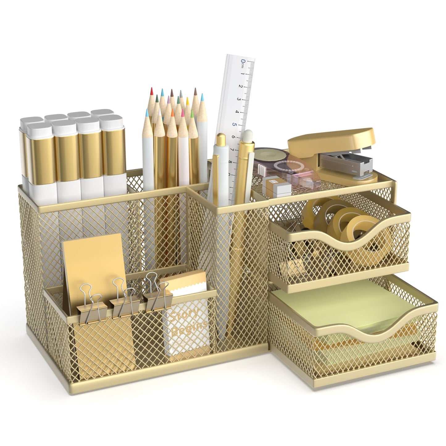 ReePlan Mesh Desk Organizer, Pen Organizer with 2 Drawers and 5 Compartments, Versatile Pen Holder for Small Space, Desk Organizers and Accessories for School Office Supplies, Gold