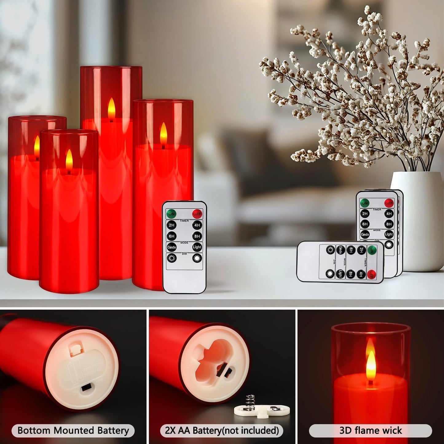 Grcdoyvl 24-Pack Red Flameless LED Candles - Remote Control & Timer, Realistic Flickering for Chinese New Year Decor, Valentine's Day, Romantic Home Ambiance, Fireplace Mantel & Festive Centerpieces