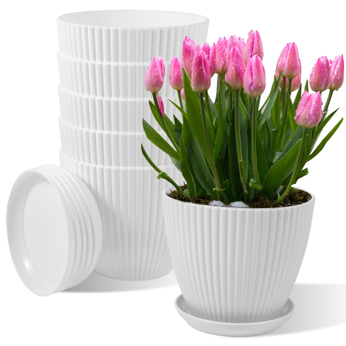 MUXINCAMP 7 Inch Large Plant Pots, 6 Pack Flower Pots with Drainage Hole and Tray Saucer Plastic Plant Pot for Outdoor Indoor House Plants and Flowers Herbs (White)