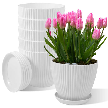 MUXINCAMP 7 Inch Large Plant Pots, 6 Pack Flower Pots with Drainage Hole and Tray Saucer Plastic Plant Pot for Outdoor Indoor House Plants and Flowers Herbs (White)