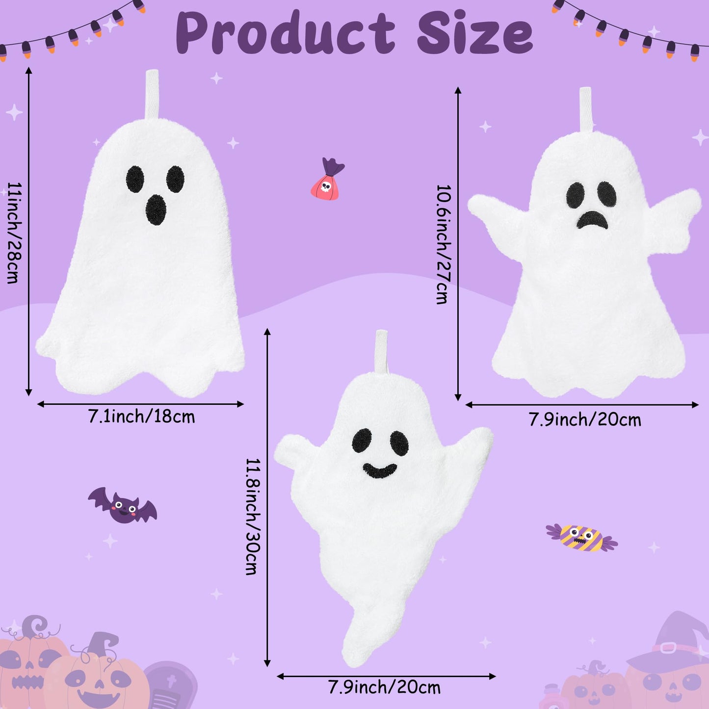 R HORSE Halloween Hand Towels - 3Pcs Halloween White Ghost Bathroom Towels with Hanging Loop Absorbent Coral Fleece Bathroom Hand Towel Soft Thick Dish Cloth for Kitchen Home Decors Holiday Party Gift
