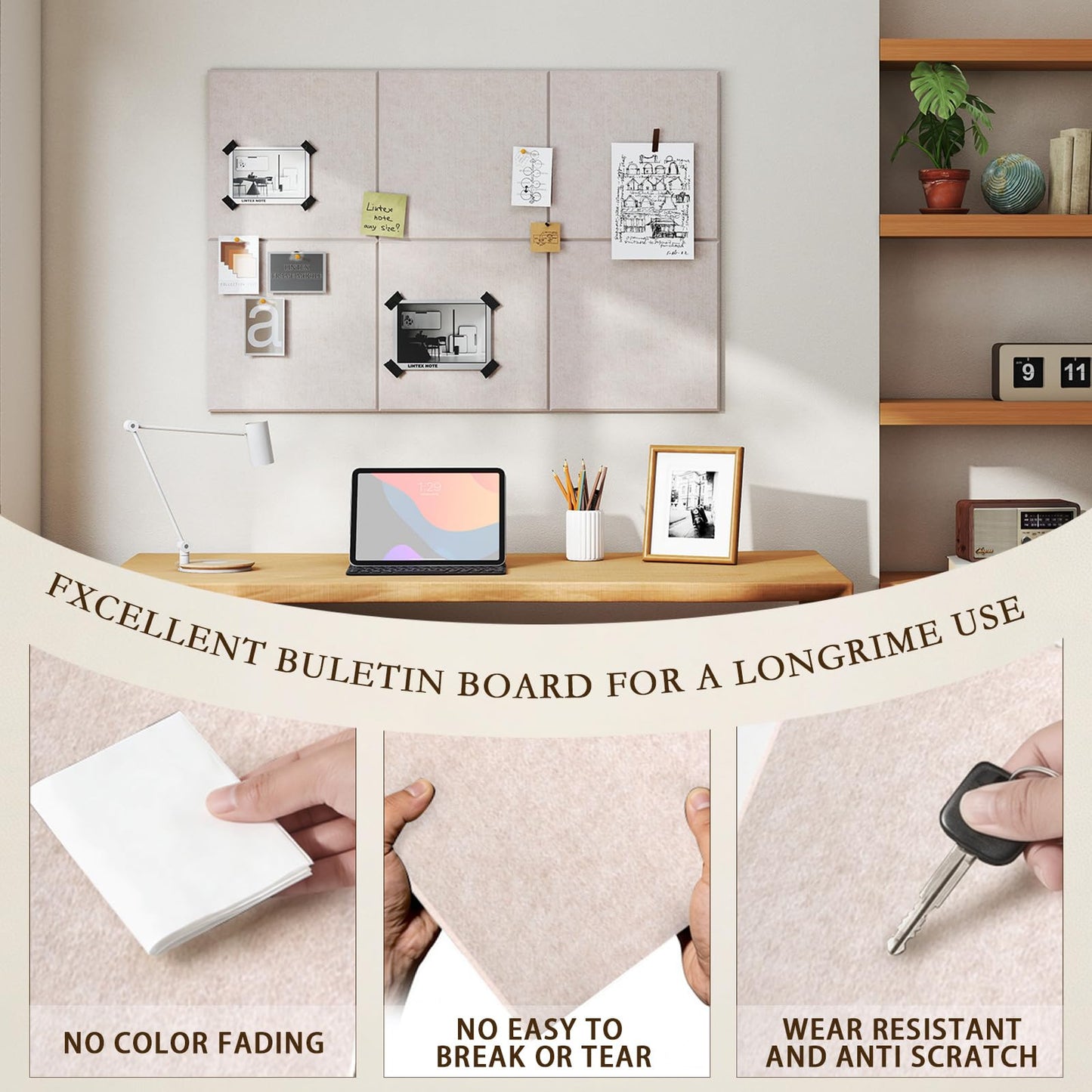 JBER Large Felt Bulletin Board 48"x36" - 12 Pack Felt Wall Tiles, Cork Board Alternative to Use in Office & Home Decor, Classroom Decor, Vision Board to Display Your Photos(Light Camel)