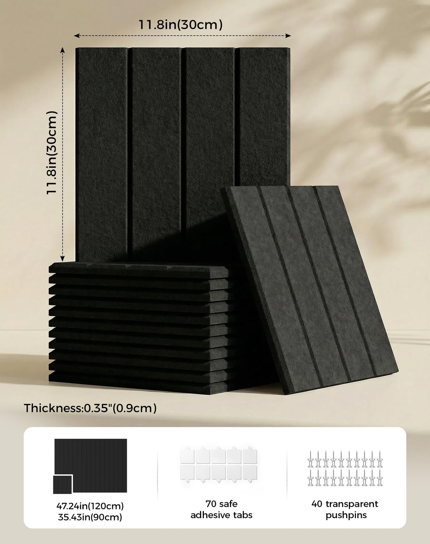 Aothia 12-Pack Felt Bulletin Board Tiles - 48x36 Modular Pin Board for Walls, 0.2" Thick Cork Board Alternative for Office & Classroom, 70 Adhesive Tabs & 40 Pushpins Included (Black)