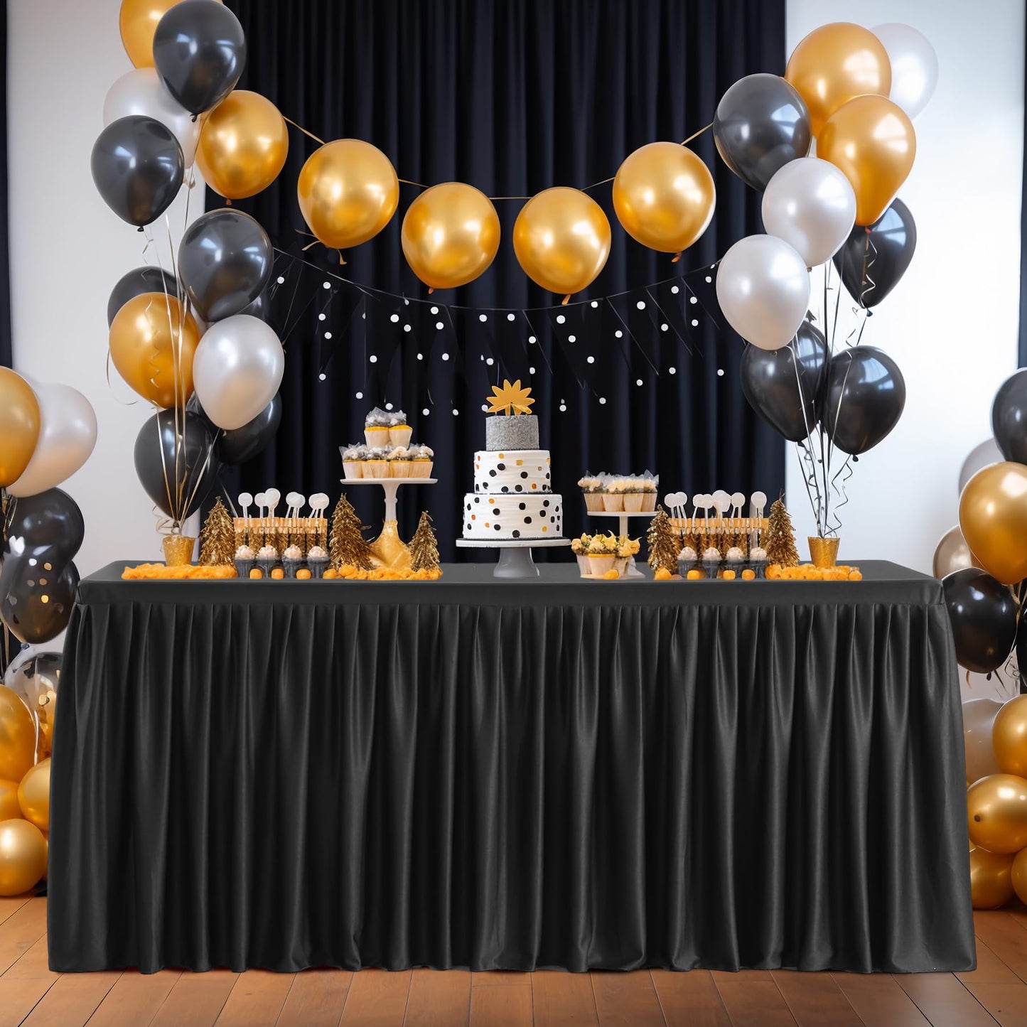 Wish Care Black Table Clothes for Rectangle Tables 6ft, Wrinkle Resistant Fitted Table Cloth with Pleated Ruffle Skirts for Banquet Wedding Baby Shower Folding Tables
