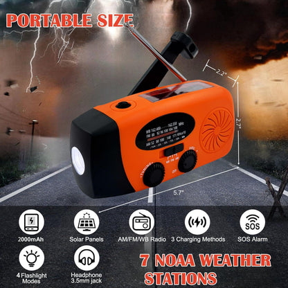 7400mWh Weather Emergency Radio, Portable Solar AM/FM/NOAA Hand Crank Radio, Cell Phone Charger with SOS, 1W LED Flashlight, Headphone Jack, Power for Emergency Preparedness (2000mAh Orange)
