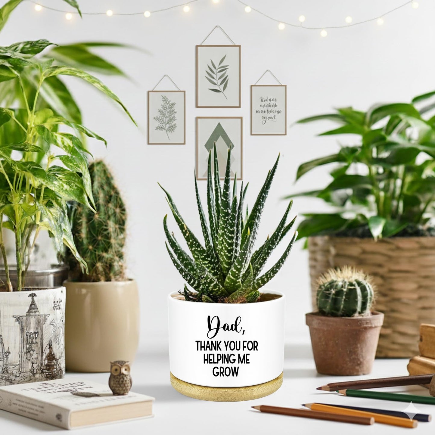 Myakako Thank You Dad Ceramic Planter with Wood Tray – 3.5 Inch Funny Flower Pot for Succulents, Cactus & Indoor Plants, Unique with Drainage Hole (Plant Not Included)