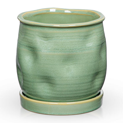 5.7 inch Ceramic Pots for Plants, Plant Pot with Drainage Hole and Saucer Sage Green Ceramic Indoor Planter with Tray Decorative Flower Pots for Succulent, Cactus, Snake Plant, Herb Indoor Outdoor