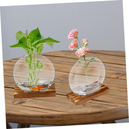 YOSADIER 2Sets Clear Glass Planter with Wooden Base Elegant Small Terrarium Vases for Home Office and Event Decor for Hydroponic Plants Like and African Violets