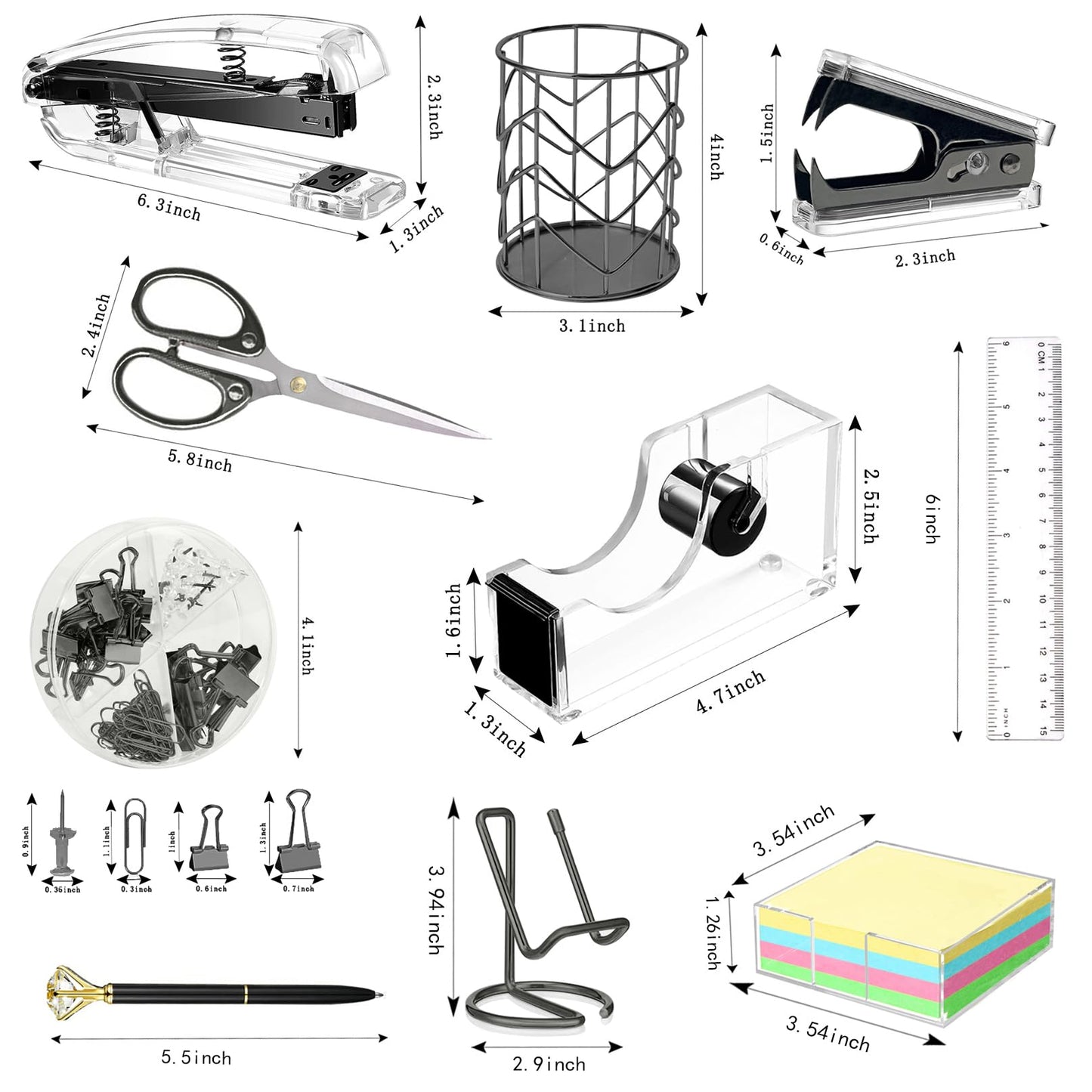 Office Desk Accessories, Acrylic Stapler, Staple Remover, Tape Holder, Pen Holder, Ballpoint Pen, Scissor, Binder Clips, 1000pcs Staples, Phone Holder, Ruler, Transparent Glue and 300 Notes