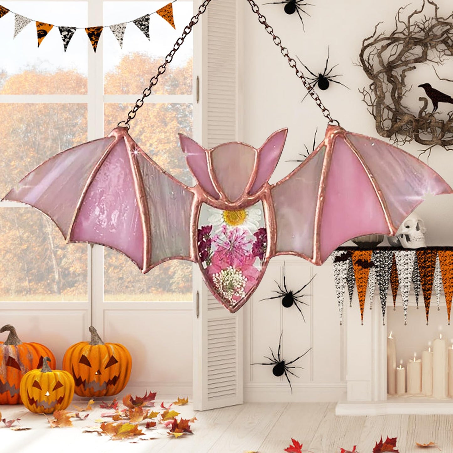 BDHRKTE Bat Decoration Window Hanging Suncatcher,Stained Glass Window Hanging, Handmade Translucent Decorative Art, Halloween Home Decor