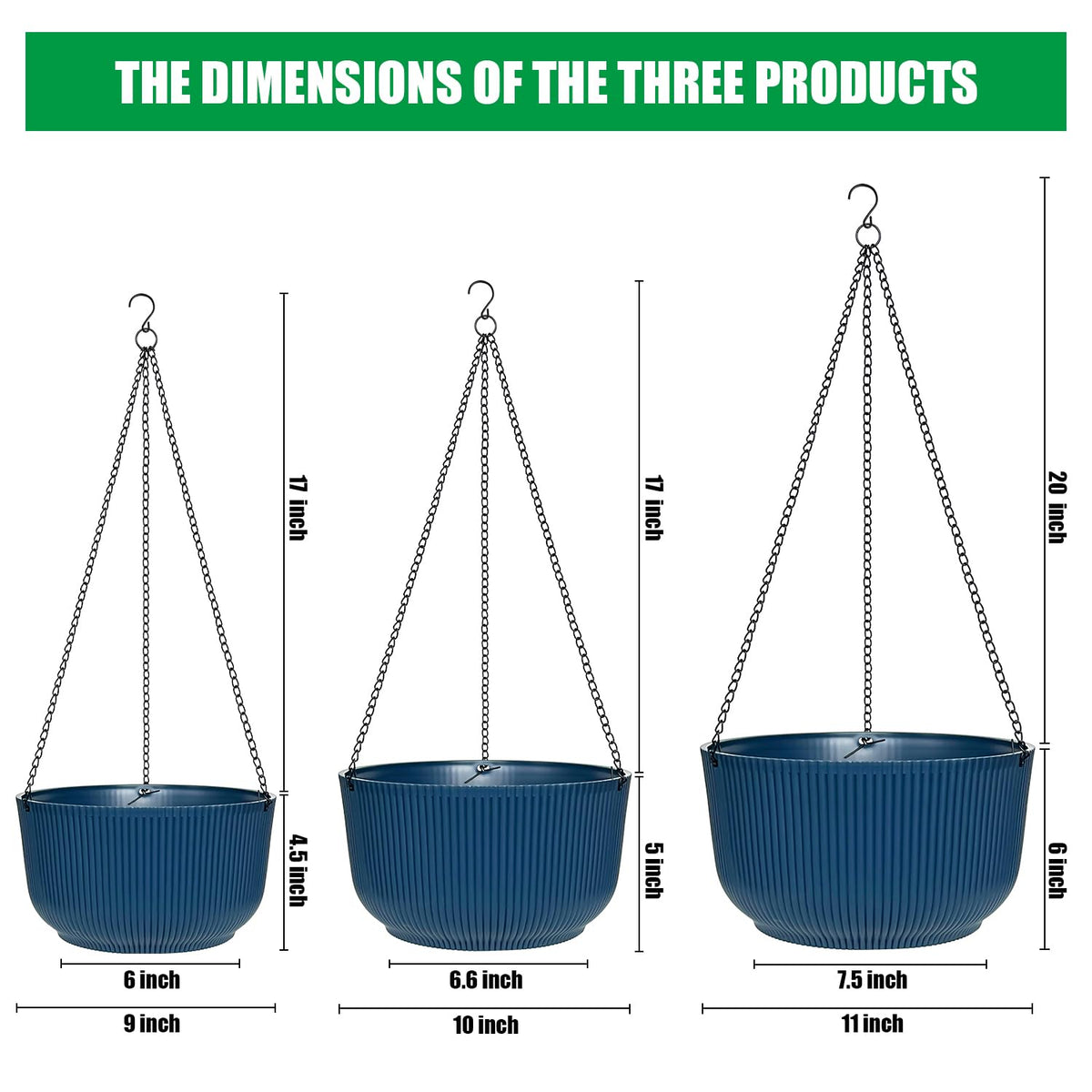 RooTrimmer Hanging Planters 9/10/11 Inch for Indoor Plants, 3 Pack Plant Hanger Outdoor with Drainage Holes, Self Watering Hanging Basket Flower Pot for Garden Home Decor, Dark Blue
