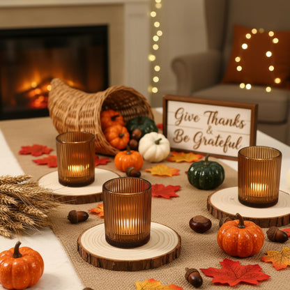 24 Pack Amber Votive Candle Holders Thanksgiving Decor, Glass Small Tea Lights Candle Holders for Table Centerpiece for Home Decor Party Fall Boho Decor(24,Amber)