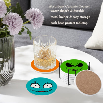 Nicegod Happy Halloween Coasters Set of 6, Round Absorbent Ceramic Coaster, with Metal Holder and Cork Base, Spooky Face Monster Coasters for Coffee Table Home Decor Kitchen Housewarming Gifts