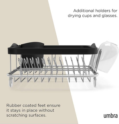 Umbra Sinkin Dish Drying Rack – Drainer with Cup Holders and Removable Cutlery Caddy – Use Over Sink, in Sink, or On Counter, Deluxe, Black/Nickel