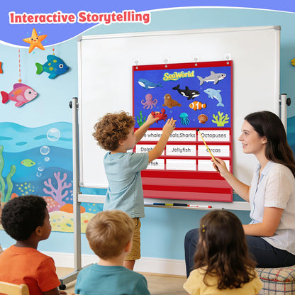 AUVCAS Felt Board for Wall – Classroom & Homeschool Pocket Chart, Flannel Board with 5 Clear Pockets & 4 Metal Grommets,Includes 15 Dry Erase Sentence Strips & 54 Adhesive Dots,37.5" x 27.8"