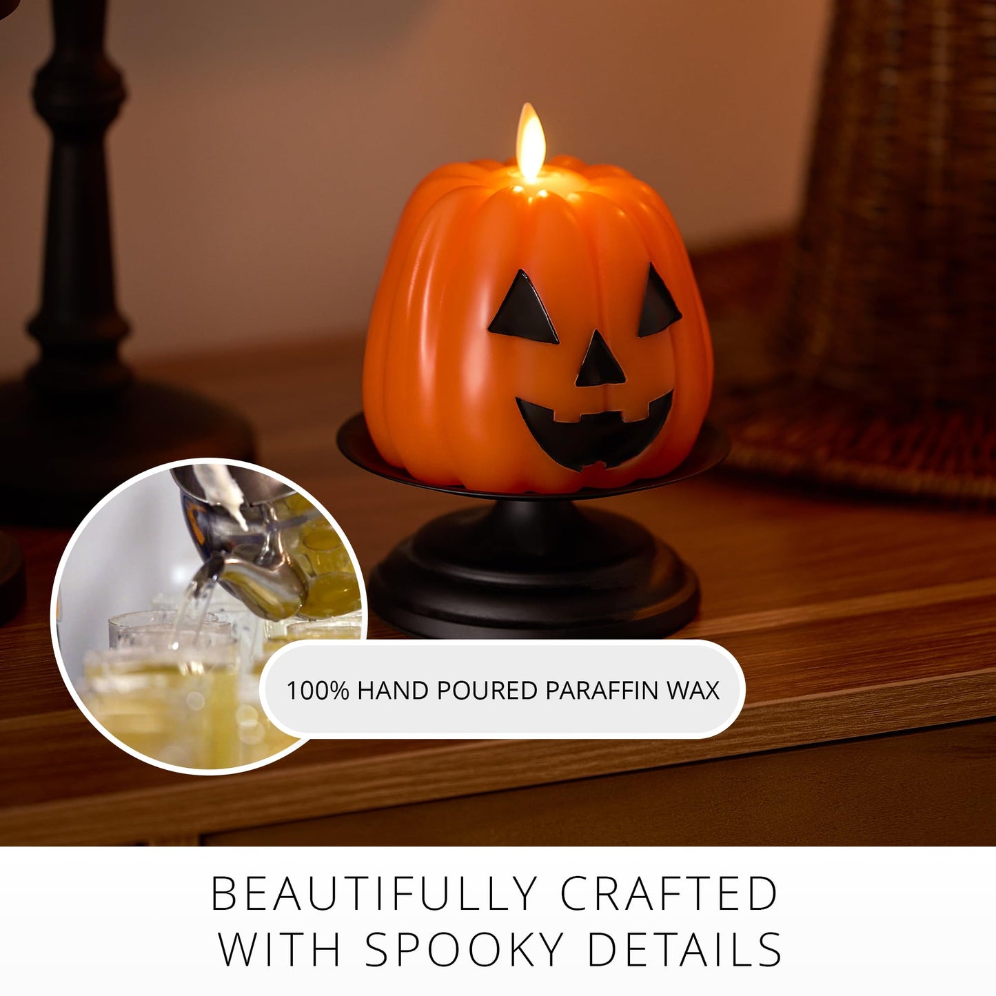 Luminara Flickering Flameless 4" x 4.3" Candle, Battery Powered LED Jack-o-Lantern Pumpkin Candle w/Timer, Remote Ready (Sold Separately), Real Orange Wax Indoor Halloween Decoration