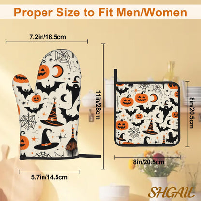 Halloween Pumpkin Bat Pattern Oven Gloves and Hot Pads Set - Heatproof Hand Protection for Baking, Grilling, Cooking 4Pcs