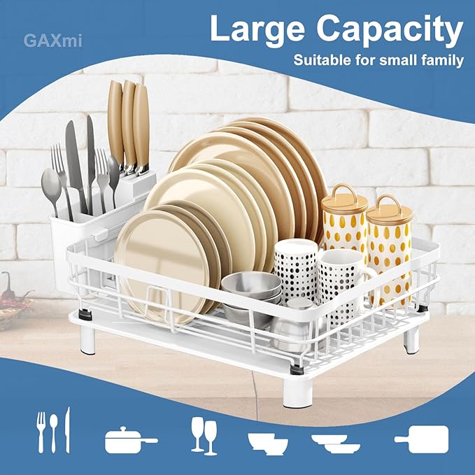 GAXmi Dish Drying Rack with Drainboard for Kitchen Countertop 1-Tier White | With utensil holder, Over the sink, Quick drainage, Space-saving, Large capacity