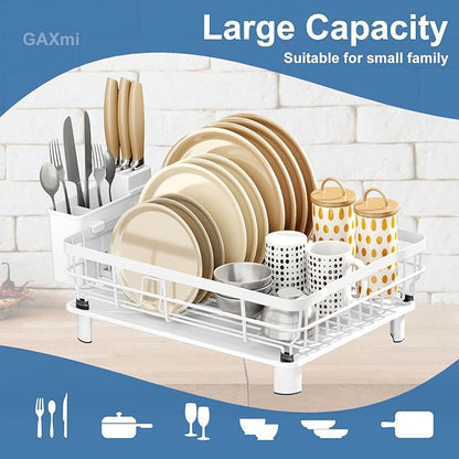 GAXmi Dish Drying Rack with Drainboard for Kitchen Countertop 1-Tier White | With utensil holder, Over the sink, Quick drainage, Space-saving, Large capacity