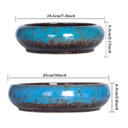 ARTKETTY Succulent Pots - 7.3/10 Inch Large Plant Pot Set of 2, Ceramic Bonsai Pot with Drainage Tray Shallow Planters for Indoor Succulents Glazed Cactus Flower Plant Container