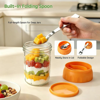 Overnight Oats Containers with Lids & Spoon 4 Pack 16oz, Leak-Proof Glass Over night Oat Jars with Divided Compartments for Fruit & Nuts, Meal Prep Mason Jars for Oatmeal Yogurt Chia Seed Pudding