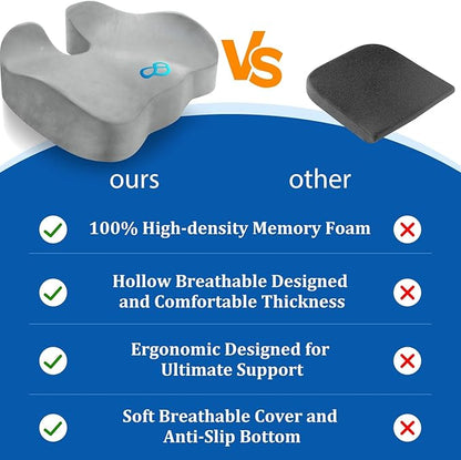 Seat Cushion, Chair Cushions, Office Chair Cushions, Anti-Slip Bottom & Removable Cover Tailbone Pain Relief Cushion, Memory Foam Seat Cushion for Office, Wheelchair, Car (Light Grey)