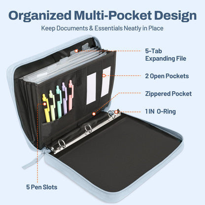 SUNEE Zipper Binder 1 Inch, Removable 3-Ring Binder, 175-Sheet Capacity, 5-Tab Dividers Expanding File Folder, Small Binder Bag Organizer Storage for Student School Classroom Supplies, Dusk Blue