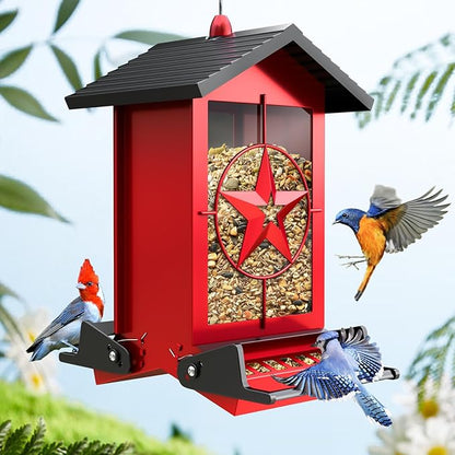 Squirrel Proof Bird Feeders for Outdoors with Weight-Activated, Metal 5LB Large Wild Bird Feeders for Cardinals,Blue Jay,Finch, Weatherproof Durable Hanging Bird Feeder for Backyard,Garden (Red)