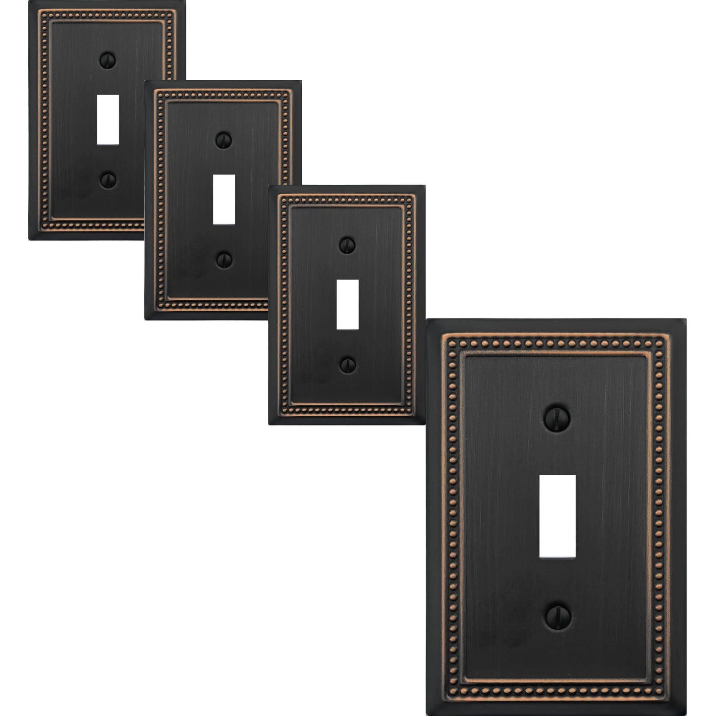 OKAWYC Single Toggle Light Switch Cover Belaire Beaded Metal Wall Plate, 4-Pack Aged Bronze 1 Gang, Oil Rubbed Bronze Light Switch Cover Decorative Wallplate, Durable
