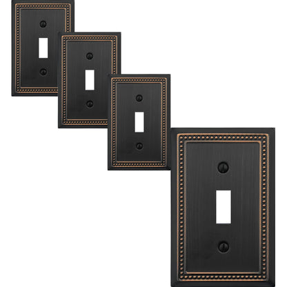 OKAWYC Single Toggle Light Switch Cover Belaire Beaded Metal Wall Plate, 4-Pack Aged Bronze 1 Gang, Oil Rubbed Bronze Light Switch Cover Decorative Wallplate, Durable