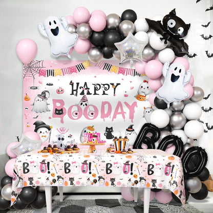 AIBIIN 113pcs Pink Black Halloween Birthday Party Decorations Halloween Happy Boo Day Party Kit With Happy Booday Banner Little Boo Balloon Garland Kit Ghost Birthday Party Tablecloth