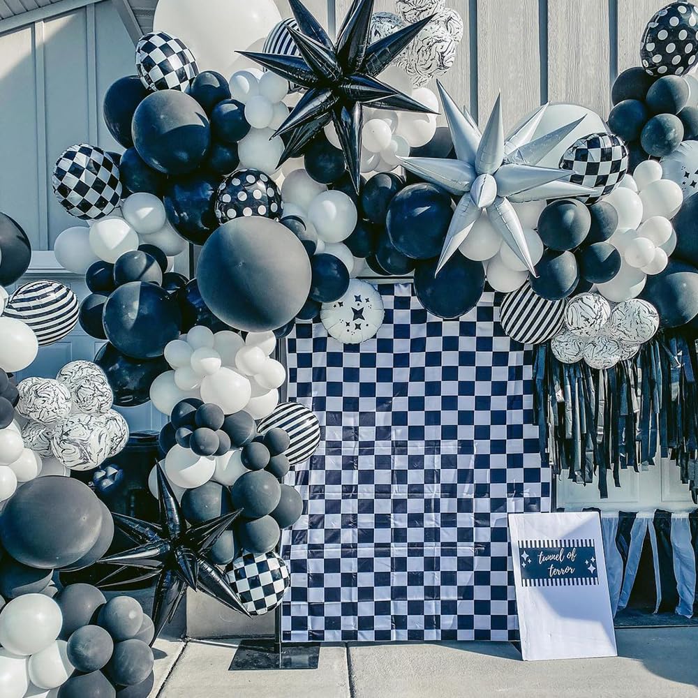 137Pcs Halloween Black & White Balloon Garland Arch Kit with Checkered Mylar Balloons for Spooky Halloween Party Decorations, Haunted House Setup