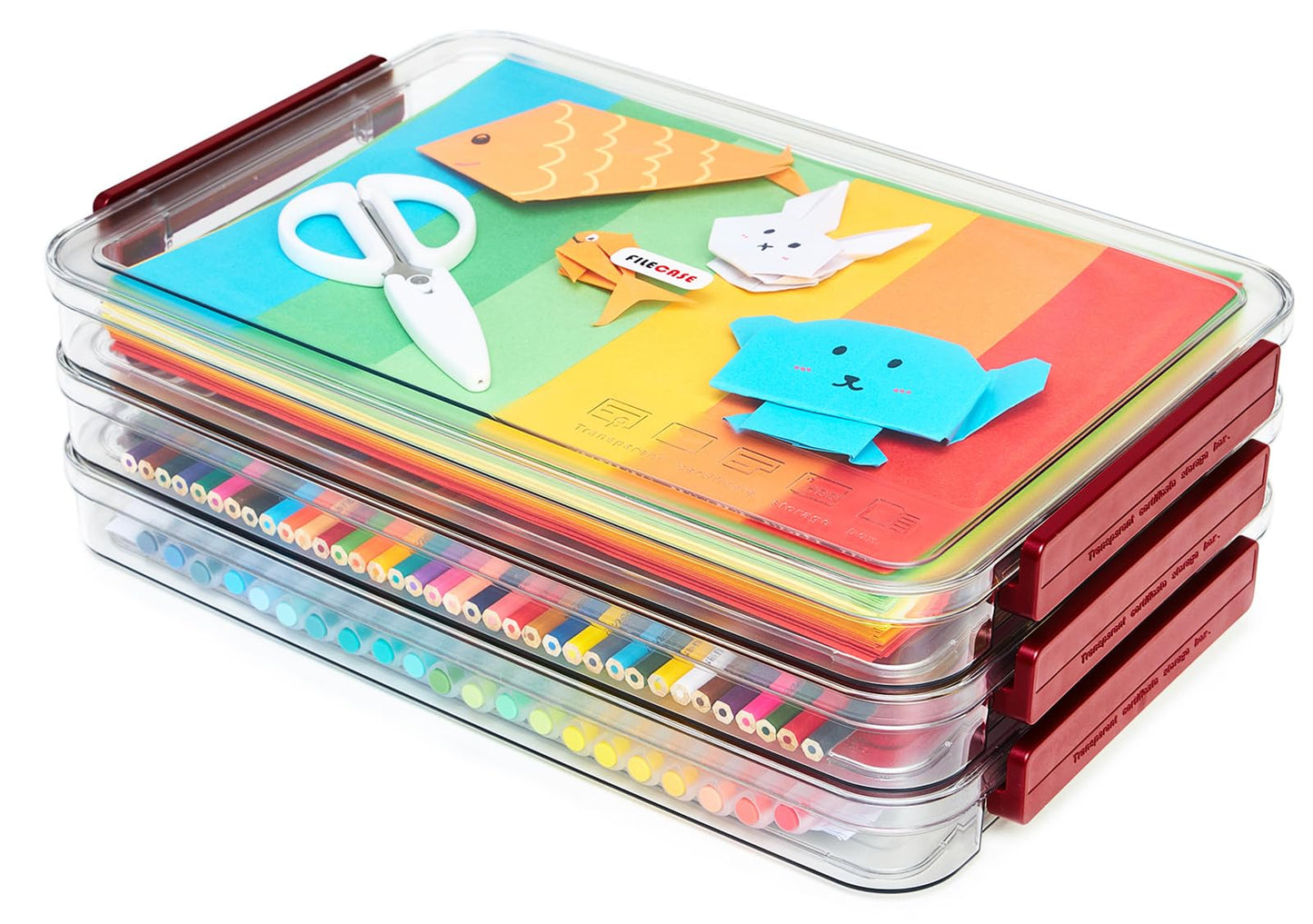 CATOOMUU A4 Storage File Box 9 X 13 Clear Stackable Slim Plastic Portable Project Case For Letter Paper Photo Documents Scrapbook, 3 Count