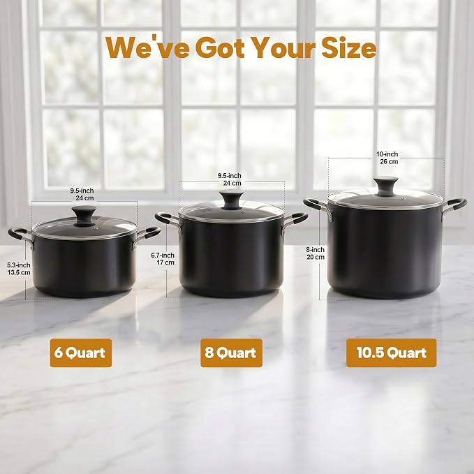 Cook N Home Professional 6 Quart Nonstick Stock Pot with Lid, Riveted Handles, Soup Pot for Holiday Feasts, Stockpot with Even Heating, Induction Cookware, Oven & Dishwasher Safe, Black