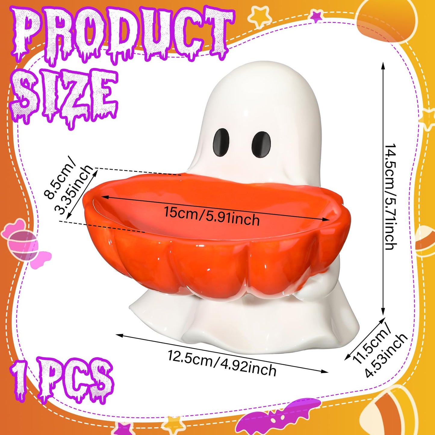 Reallnaive Halloween Candy Bowl Ghost Shaped Ceramic Candy Dish Ghost Serving Tray Cute Halloween Tabletop Decoration Cookie Jar for Party Supply