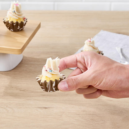 Restaurantware Panificio 0.4 Ounce Baking Cups 200 Flared Cupcake Liners - Oven-Ready Freezable Brown And White Paper Muffin Cases Disposable Chocolate Wisp For Wedding Parties Baby Showers