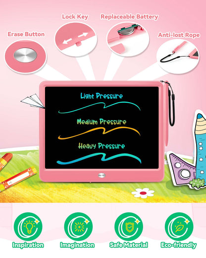 KOKODI 12 Inch LCD Writing Tablet with Anti-Lost Stylus, Erasable Doodle Board Colorful Toddler Drawing Pad, Car Travel School Games Toys for 3 4 5 6 7 8 Kids, Birthday Gift for Girls Boys Adults Pink