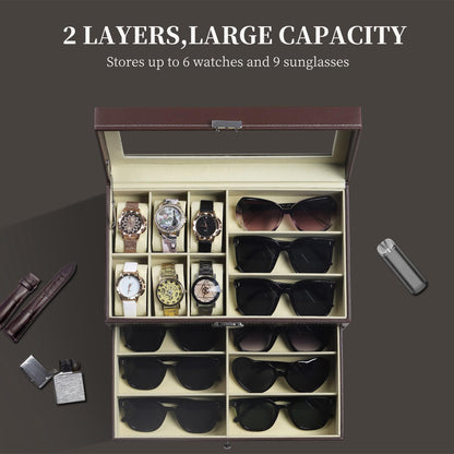 AUTOARK Leather 6 Watch Box Jewelry Case and 9 Piece Eyeglasses Storage and Sunglass Glasses Display Drawer Lockable Case Organizer,Brown,AW-130