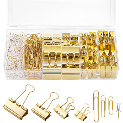 BESARME Gold Paper Clips and Binder Clips Set, 279 Pcs Gold Desk Accessories Assorted Office Essentials in Organizer Box for Office School Home Paper Sorting Note Pinning