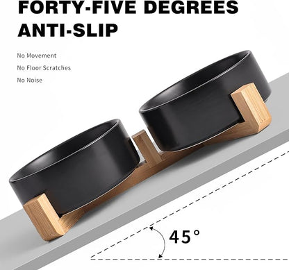 Mowtanco Black Ceramic Dog & Cat Bowl Set – 13.5 OZ with Wooden Stand, Non-Slip, Elevated Design for Small Dogs & Cats – 2 Bowls (Food & Water, Ceramic Pet Bowls, Modern Dog Bowls)
