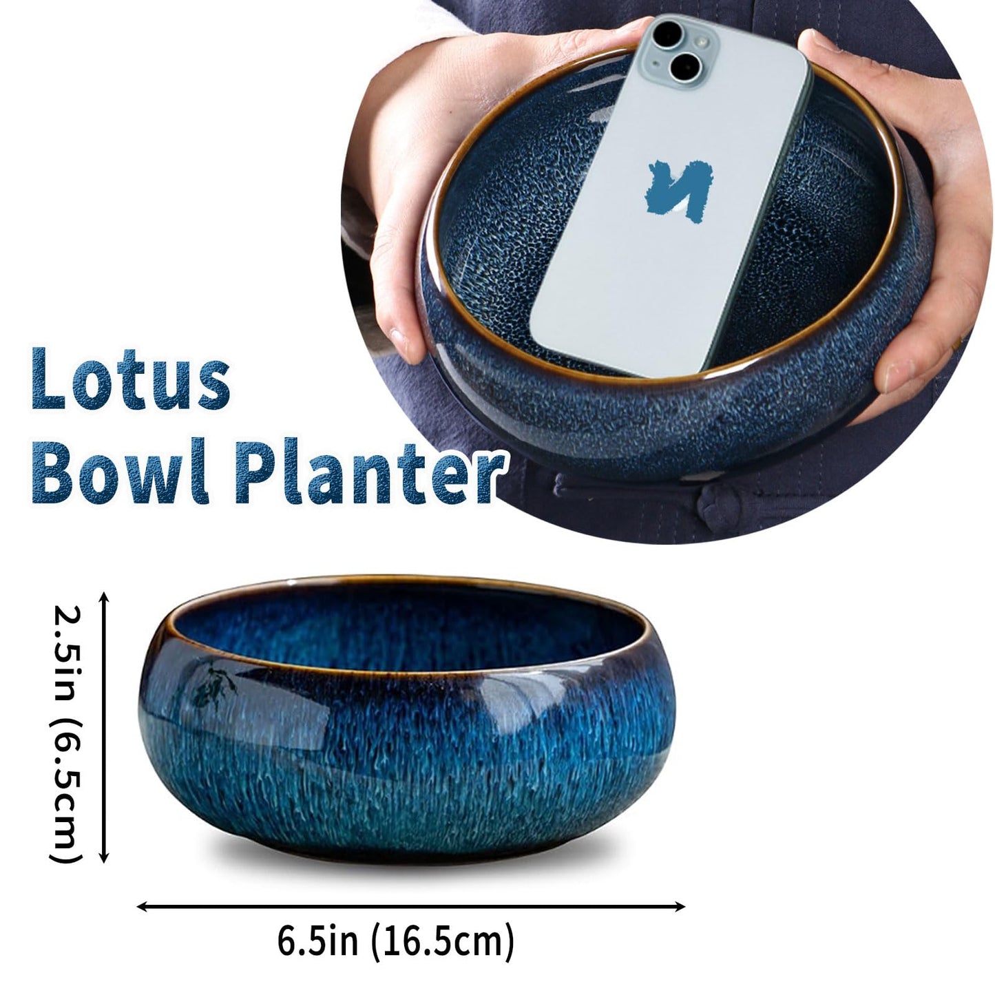 Oncpcare Lotus Bowl Planter – Ceramic Water Plant Pot Sacred Bonsai Bowl Lotus Flower, Shallow Glazed Vase for Lotus Seeds, Bonsai, Succulents, Hydroponic Plants (Blue)