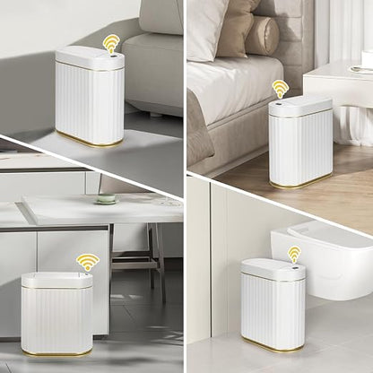 ELPHECO Bathroom Trash Can with Lid Butterfly, Motion Sensor Trash Can Bathroom Decor Automatic Garbage Can Wastebasket Bathroom Accessories, Kitchen, Living Room, Office, White Gold