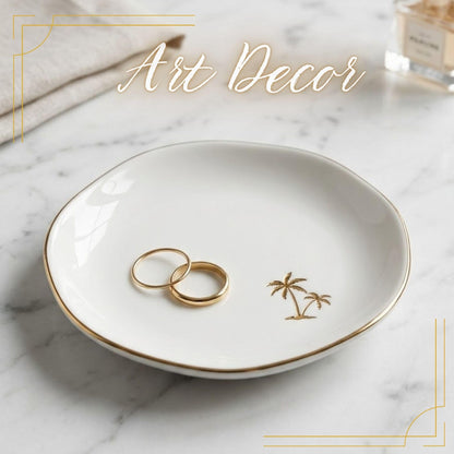 InnoBeta Palm Tree Gifts, Beach Themed Gifts - 4.75" Handcrafted Ceramic Ring Dish with Gold Trim, Decorative Trinket Dish for Rings Earrings