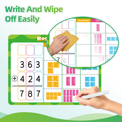 Laffunz 12 PCS Place Value Chart Dry Erase Flash Cards, Addition and Subtraction Learning Math Games for Kids, Base Ten Board Math Manipulatives 1st 2nd 3rd Grade Teacher Classroom Must Haves