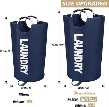 Maxsilan 125L X-Large Laundry Basket, Freestanding Tall Clothes Hamper, Collapsible Laundry Bag, Dark Blue