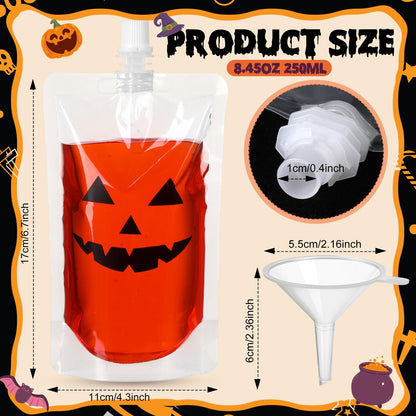 Widecook 28 Pcs Halloween Drink Pouches Reusable Pumpkin Blood Bags for Drinks Plastic Flasks with Funnels Juice Cups Pouches for Halloween Party Prop Decoration Favor